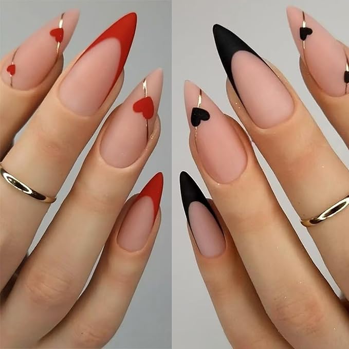 2 Packs 48Pcs Almond Press on Nails Medium Valentine's Day Fake Nails Red Black French Tip Nails Press on Heart Love False Nails Reusable Artificial Acrylic Nails for Women Girls Nails Decoration Kit