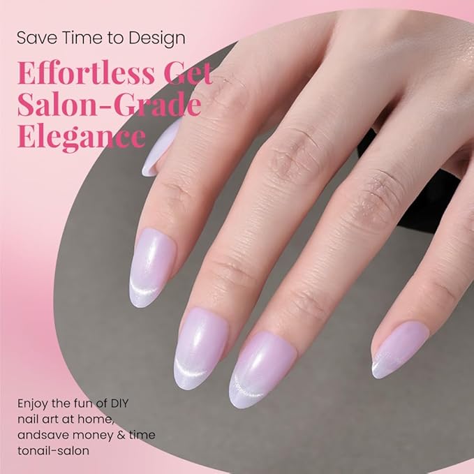 Light Purple Cat Eye Press on Nails Short Almond 30 PCs, Designer Reusable Press On Nails with Quick Dry Glue, Stick On Acrylic Fake Nails for Women Wedding Party (Jelly Art Kit + Nail Tools)