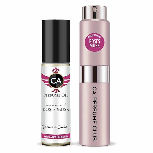 CA Perfume Duo Impression of Roses Musk For Women Perfume Layering Set Long Lasting Travel Size EDP + Body Oil Roll-On Bottle 0.27 Fl Oz+0.33 Fl Oz