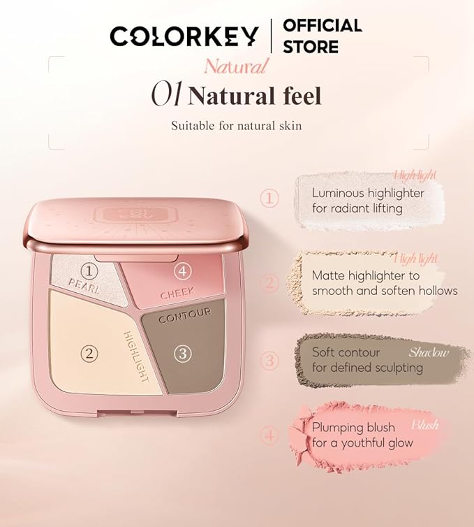 COLORKEY 3D Sculpting Contour Palette, 4-Color, High Capacity, Highlighter, Blush, Shadow, Translucent, Youthful Glow, Long-Lasting, Fine Texture (01)