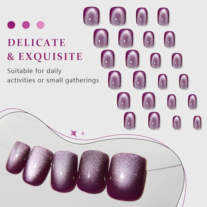evpct Purple Cat Eye Short Press on Nails Square, Petite Short Square Glossy Nails with Designs for Women, Light Lavender Purple Glue on Glitter Reusable Gel Press on Acrylic Fake Nail Holographic