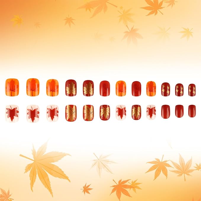 Red Maple Leaf Press on Nails 24Pcs Glossy Gold Glitter Acrylic Fake Nail Thanksgiving Short Square False Nails Fall Leaves Stick on Fingernails Autumn Gel Glue on Nail for Coquette Women Girls