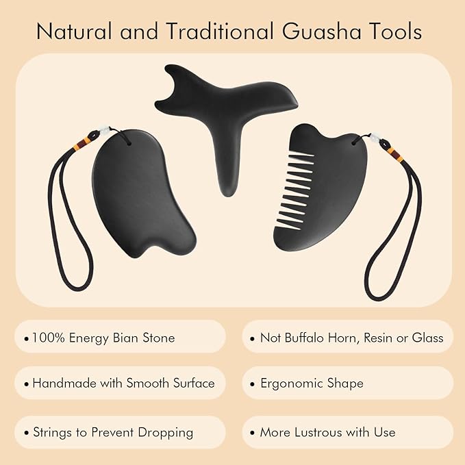 5 Pcs Bian Stone Guasha Tools, Natural Scraping Massage Set for Whole Body, Gua Sha Facial Tool for Daily Skincare, Trigger Point Massage Tool for Deep Relaxing and Pain Relief