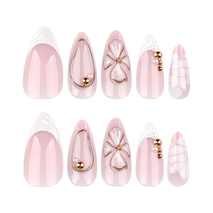 3D Flower Press On Nails Almond Shape – Medium Length Nude Pink Acrylic Fake Nails with Gold Beads & White Tips, 24PCS Glossy Stick On Nails with Tools, Reusable Elegant False Nails for Women
