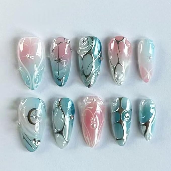 Almond Press on Nails Medium Fake Nails Pink Blue Gradient False Nail with Rrhinestones Designs Full Cover Glue on Nails 3D Handmade Press on Nails Silver Line Strips Acrylic Nail for Women 24Pcs