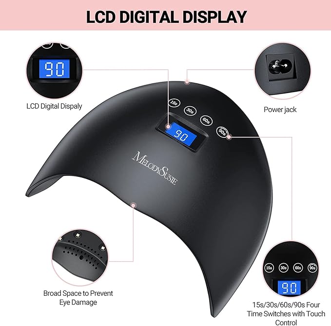 MelodySusie 48W LED UV Nail Lamp - Black, Energy Efficient, 365nm-405nm Wavelength, Compatible with Most Gels, 4 Timer Settings, Infrared Sensor, User-friendly Design, Widely Applications