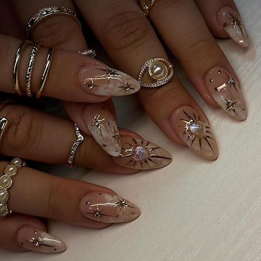 3D Boho Stars Gold Press On Nails Almond Medium 30Pcs, Heart Charms Design Reusable Acrylic Nails Press Ons, Fake Nails With Cute Celestial Glue On Nail, Daily Wear False Nail For Women