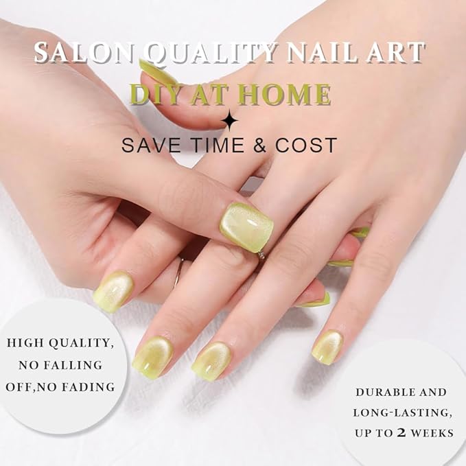 evpct Light Green Cat Eye Extra Short Press on Nails Square, Petite Short Square Glue on Nails for Women Gift, Avocado Metallic Glitter Glossy Reusable Gel Press on Acrylic Fake Nail with Designs