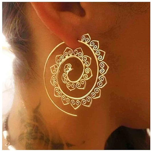Bohemia Mandala Spiral Earrings Gold Vortex Gear Earrings Exaggerated Hoop Earrings Large Circular Swirl Earrings Indian Tribal Earrings Jewelry for Women and Girls