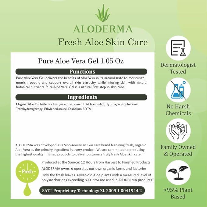 Aloderma 99% Organic Aloe Vera Gel Made within 12 Hours of Harvest, Easy Travel Size Tube for Body, Face, & Scalp, Cooling & Soothing Support for Skin & Sunburn, Hydrating Aloe Gel, 1.5oz - 6ct