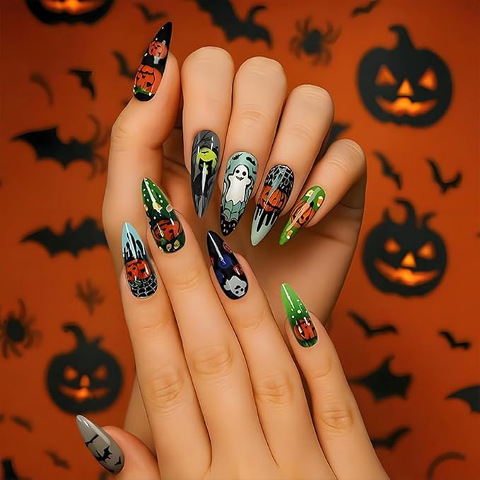 24Pcs Halloween Press on Nails Long Almond Fake Nails with Gothic Cat Pumpkin Bat Design Cute Ghost False Nails Black Green Full Cover Artificial Glue on Nails Halloween Stick on Nail for Women DIY