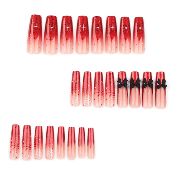 Christmas Press on Nails New Year Long Square Fake Nails Red French Tip False Nails Snowflake Design Full Cover Glossy Glue on Nails for Women 24PCS