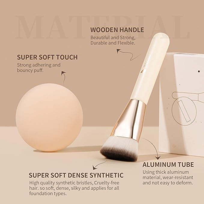 DUcare Foundation Brush for Liquid Makeup, Flat Top Professional Kabuki Brush with Puff Buffing Blending Mineral Powder Large Makeup Face Brush