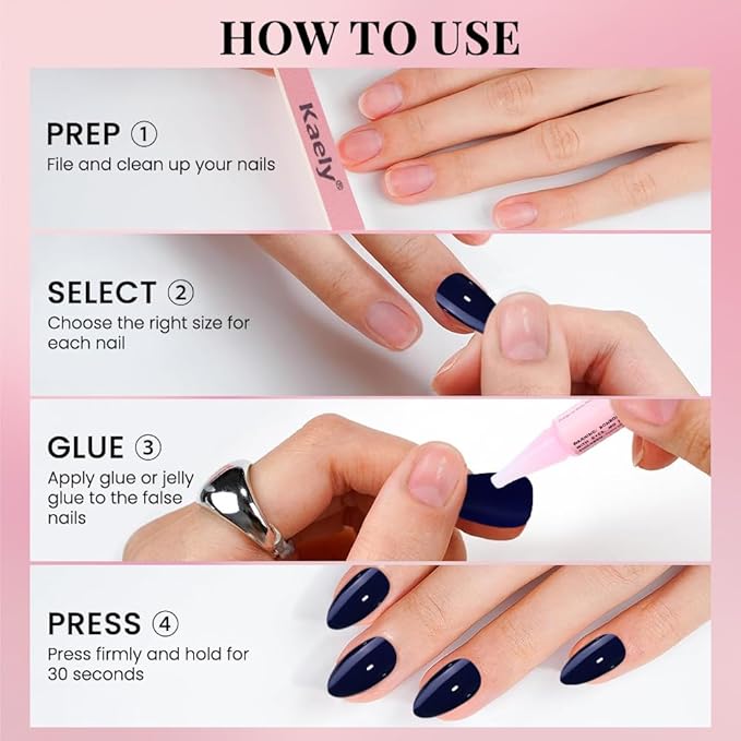 evpct Glossy Press on Nails Short Almond Short for Women, Dark Blue Fake Nail with Glue Salon Quality Reusable Stick on Nails In 15 Sizes 30Pcs Full Cover False Nail Soft Gel Set Kit for Gift, 26
