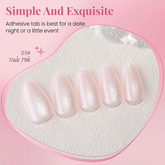 evpct Cat Eye Press on Nails Almond Short, Cat Eye Stick on Nails Press on, Nude Pink Glitter Short Almond Press Glue on Nails, Fake Nails Press ons with glue, 30Pcs Reusable Acrylic Fake Nails Kit