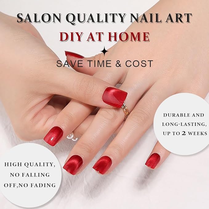 evpct Red Cat Eye Extra Short Press on Nails Square, Petite Short Square Glue on Nails for Women Gift, Real Red Metallic Glitter Glossy Reusable Stick Gel Press on Acrylic Fake Nail with Designs