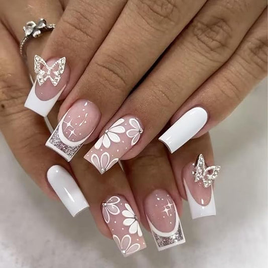 24Pcs White French Tip Press on Nails Medium Square Nails Spring Flower Fake Nails with Butterfly Designs White Floral Acrylic Nails Solid Color False Nails Silver Glitter Stick on Nails for Women