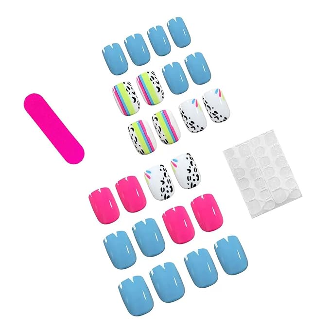 24Pcs Summer Press On Nails Short Square Fake Nails Colorful Line With Leopard Print Design Pink False Nails Blue Glue On Nails Full Cover Artificial Nails Stick On Nails For Women