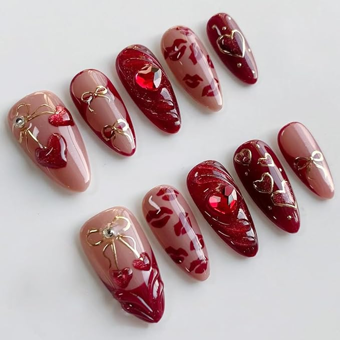 24Pcs Red French Tip Press on Nails Medium Almond Fake Nails Dark Red Heart with Rhinestones Glue on Nails Full Cover Reusable Gold Bow False Nails Stick on Nails Cute Designs for Women Acrylic Nails