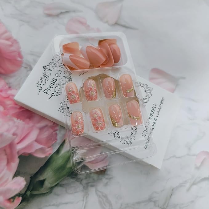 24Pcs Fall Flower Press on Nails White French Fake Nails Medium Square Acrylic Nail Full Cover Glossy Gold Glitter Stick on Nail French Lines Light Pink False Fingernails for Women DIY Manicure Art