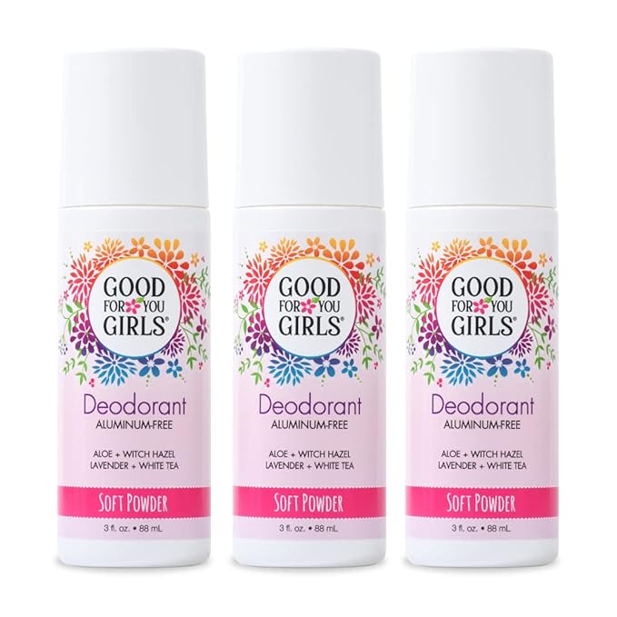 Good for You Girls Aluminum-Free, Natural & Vegan Deodorant for Kids, Preteens, Teens, Safe & Effective Odor Protection, Clear Roll-On, Natural Fragrance | Soft Powder, 3 oz (Pack of 3)