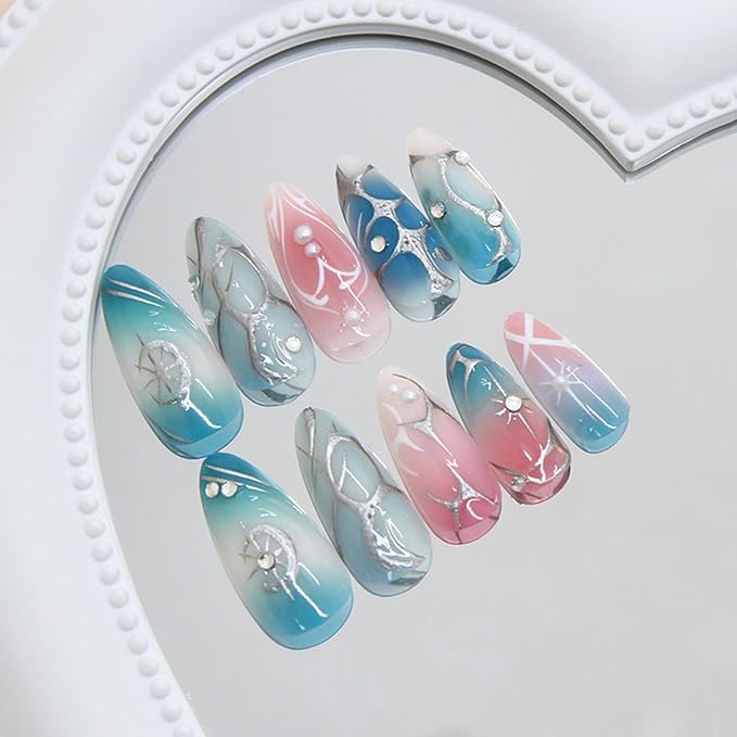 24Pcs Blue Press on Nails Medium Almond Fake Nails with Irregular Sliver Lines Design Pink Blue Gradient Glossy Full Cover Acrylic False Nail Tips Star Peal Glue on Nail for Women Manicure