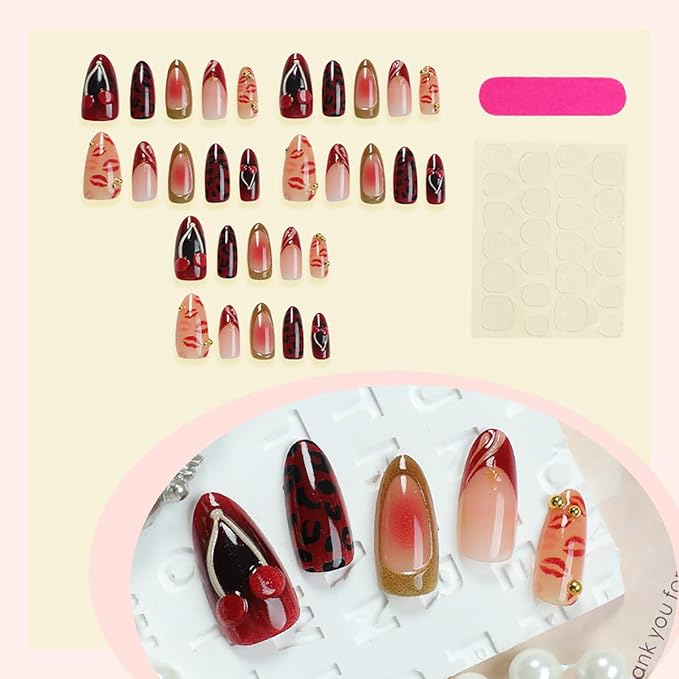 24Pcs Gold French Tip Press on Nails Medium Almond Fake Nails 3D Cherry Star with Rhinestones Glitter Design Full Cover Stick on Nails Red Gradient False Nails for Women Girls Artificial Acrylic Nails