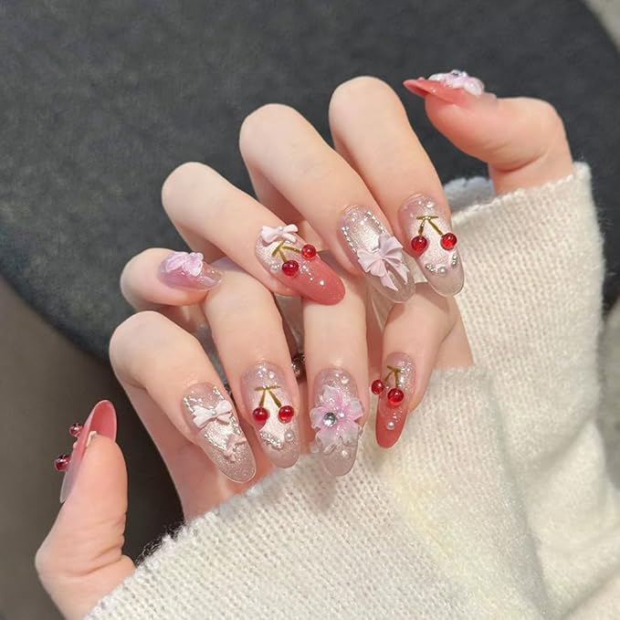 Handmade luxury Press on Nails Almond Medium Fake Nails French Tip with 3D Flower cherry Designs Pink Bow Glitter Cute Acrylic Nails for Women 10pcs (Size M）