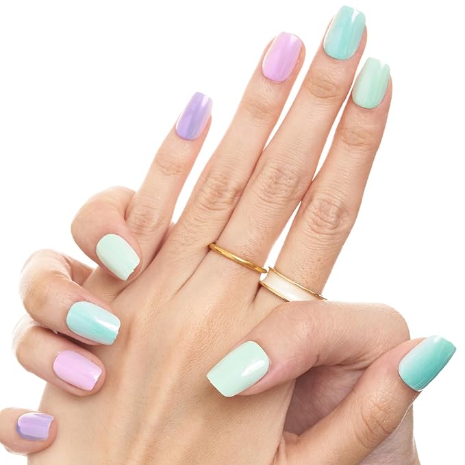 GLAMERMAID Press on Nails Extra Short Square, Color Skipping Chrome Spring Handmade Gel Glue on Nails, Glossy Fake Nails Reusable Acrylic False Nails Manicure Kits for Women