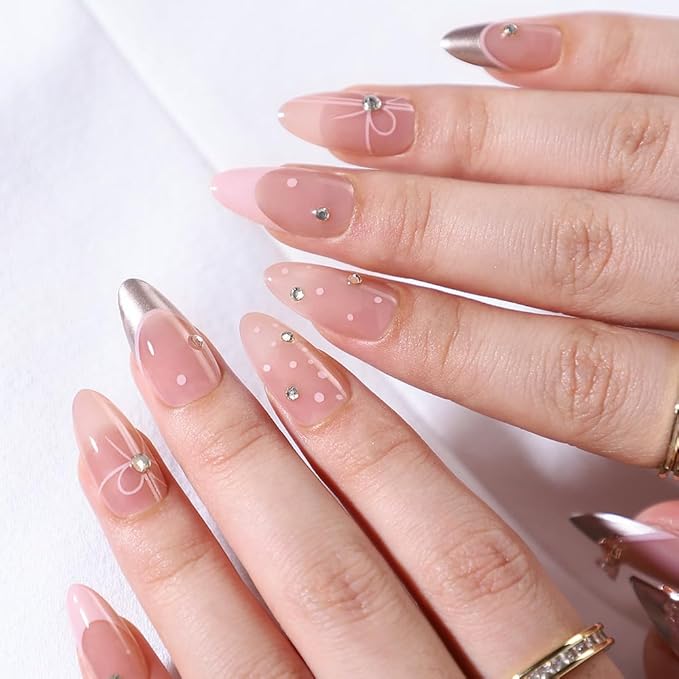French Tip Press on Nails Medium Almond Fake Nails Bow Charms Full Cover Stick on Nails Nude Pink False Nails with Pearl Rhinestone Nail Tips Designs Acrylic Nails for Women Girls 30 Pcs