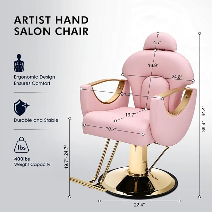 Artist hand Pink Barber Salon Chair Reclining, Heavy Duty Hairdressing Styling Chair with Oversized Hydraulic Pump 360 Degree Swivel, Modern Beauty Spa Equipment, Max Load 400 LBS