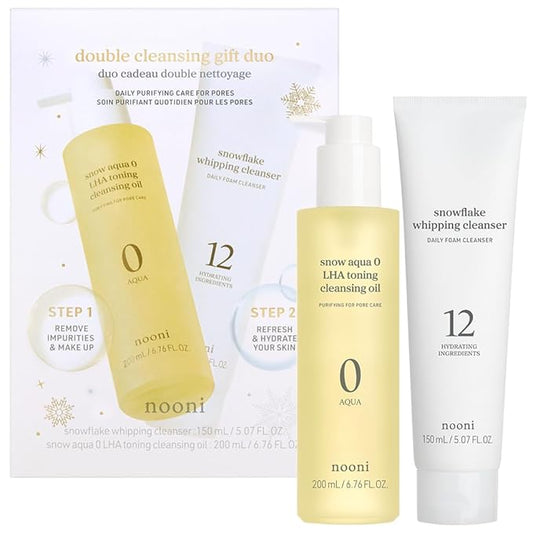 NOONI Korean Double Cleansing Duo Set - Oil Cleanser & Whipping Foam Face Wash | Pore Cleansing Oil & Foam for Sensitive Skin, Makeup Remover Oil, K-Beauty Glass Skin Care, Gift Set, Christmas Gifts