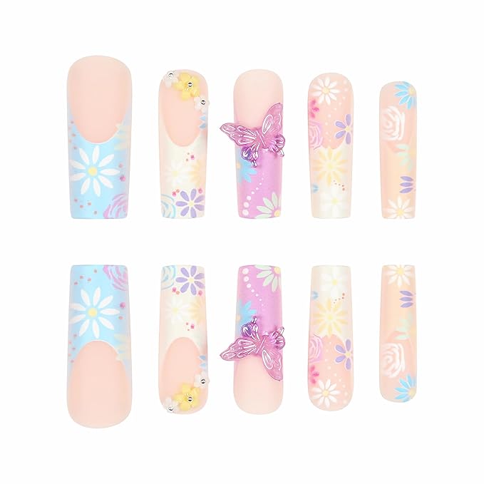 BABALAL Press on Nails Long Square Fake Nails Yellow Purple French Tip Glue on Nails Flower Coquette Acrylic Nails Butterfly Charm False Nails 24Pcs Summer Stick on Gel Nails Squoval Nails