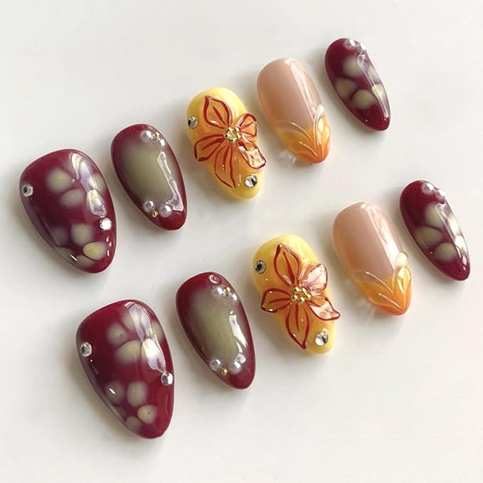 Fall Flower Press on Nails Short Almond Fake Nails with 3D French Tips Design Glossy Red Gradient Acrylic False Nails Pearl Stick on Fingernails Rhinestones Gel Glue on Nail for Women 24Pcs