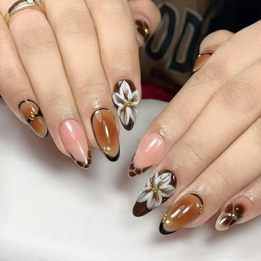 24Pcs Almond Press on Nails Brown Flower Fake Nails Medium 3D Flower Acrylic Nails with Gold Bead Charms Amber French Tip False Nail Reusable Glue on Nails for Women DIY Manicure Decoration