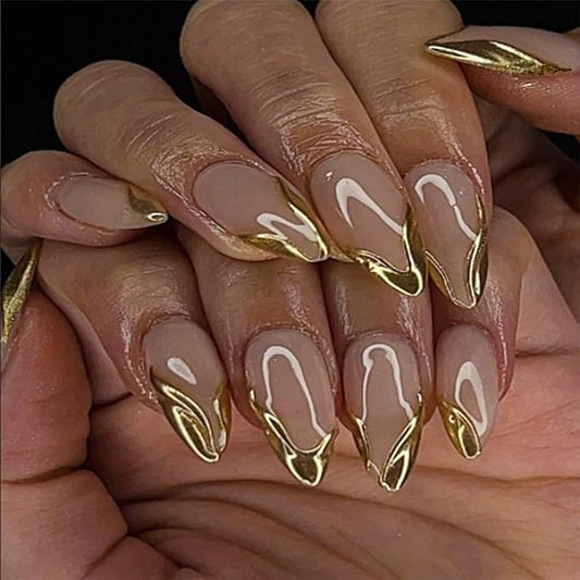 Gold French Tip Press on Nails Almond Fake Nails Full Cover Glossy Short Acrylic False Nails Press ons 3D Golden Line Glue on Nails for Women Nails Decoration 24Pcs