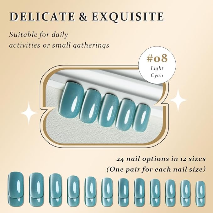Light Cyan Cat Eye Press on Nails Medium Square, Medium Square Press Glue on Nails Chrome for Women Gift, Green Holographic Glitter Glossy Reusable Gel Acrylic Fake Nail with Designs Cateye Effect