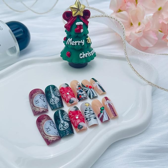 24Pcs Christmas Press on Nails Long Square French Tip Fake Nails 3D Flower Acrylic Nails Christmas Tree with Rhinestones Design Winter False Nails Reusable Handmade Stick on Nail for Women Manicure