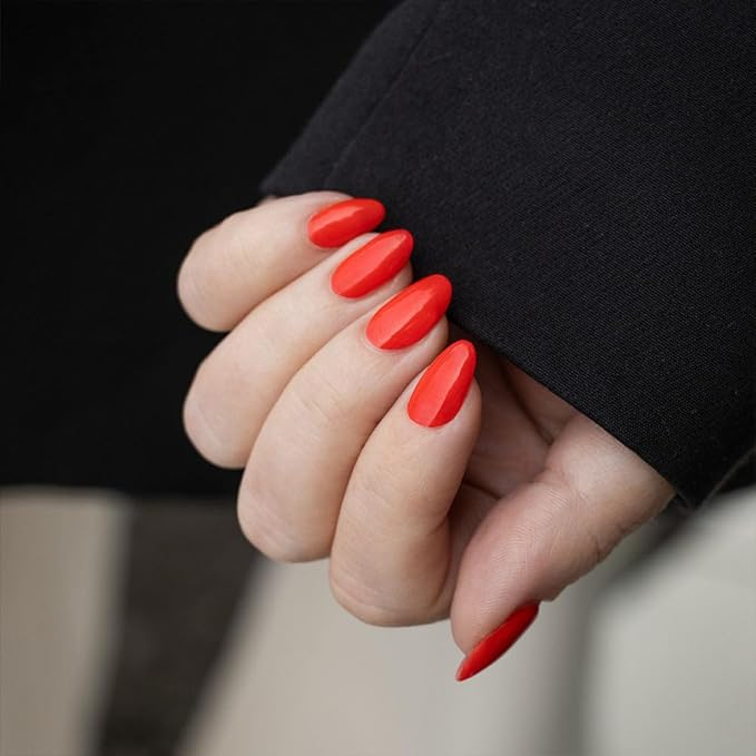 WOOYAS Press on Nails Almond,Bright Orange Medium Stiletto Glossy Handmade Gel False Nails,Reusable Salon Perfect Fake Nail Kit in 12 Sizes - 24 Pcs Soft Gel Glue On Nails Kit for Women