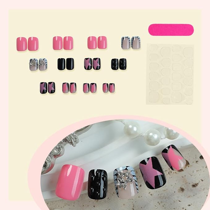 24Pcs Leopard French Tip Press on Nails Short Square Fake Nails 3D Star Acrylic Nails Black Gloss False Nail with Pink Star Design Reusable Artificial Glue on Nail for Women DIY Manicure Supplies