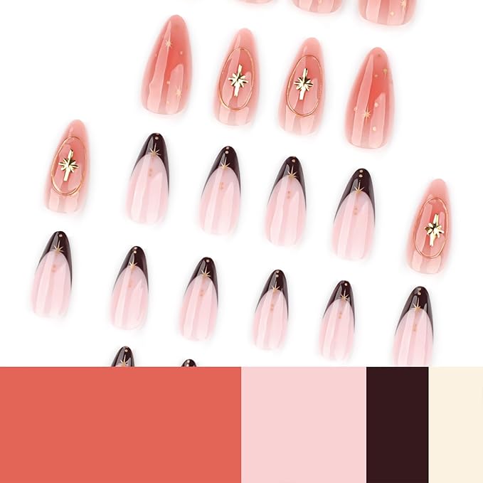 Medium Press On Nails Almond– 3D Gold Star Accent Brown French Tips, 24Pcs Reusable Acrylic Fake Nails, Glossy Stick On Nails with Designer Details, DIY Manicure Kit with Glue & Tools for Women