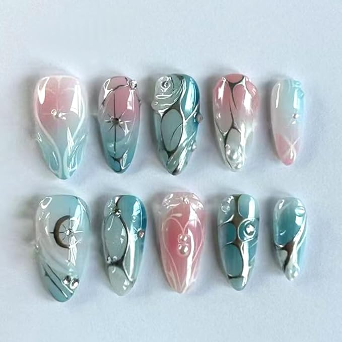 24Pcs Blue Press on Nails Medium Almond Fake Nails with Irregular Sliver Lines Design Pink Blue Gradient Glossy Full Cover Acrylic False Nail Tips Star Peal Glue on Nail for Women Manicure