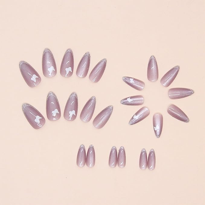 Short Almond Press on Nails 24 Pcs Fake Nails Purple Full Cover Gel Glue on Nails Reusable Acrylic Nails with Silver Glitter Designs Glossy Stick on Nails for Women