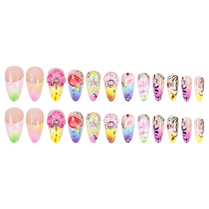 Colorful Flowers Rhinestone Press on Nails Long Almond Fake Nails with Designs 3D Gems Full Cover Artificial Nails French Tip Glue on Nails Spring Summer Acrylic Nails for Women Girls Manicure 24Pcs