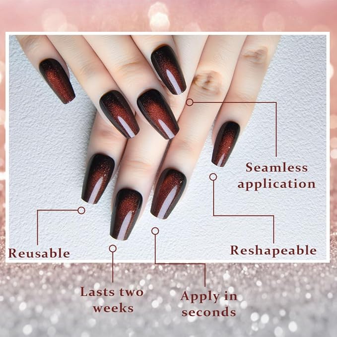 evpct Reddish Brown Cat Eye Coffin Press on Nails Square Medium, Medium Square Glue on Nails for Women Gift, Wine Red Metallic Glitter Glossy Reusable Spring Summer Gel Press on Acrylic Fake Nail