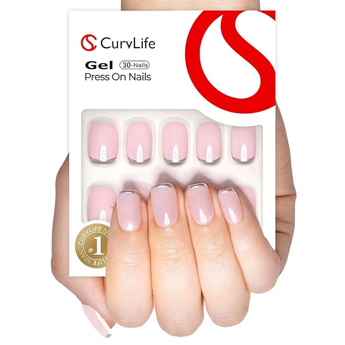Curvlife Press on Nails Acrylic Fake Nails with Design Full Cover False Nails for Women Reusable Nail Kit with Nail Glue Adhesive Tabs Nail File (Ivory silvery white, Medium)