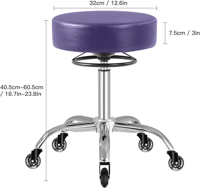 Rolling Stool with Wheels 400lbs Weight Capacity,Heavy Duty Lash Chair Adjustable for Tatoo Lab Massage Salon Spa Drafting Nail Teach,360 Swivel,Leather,Thick Seat Padding (Purple)