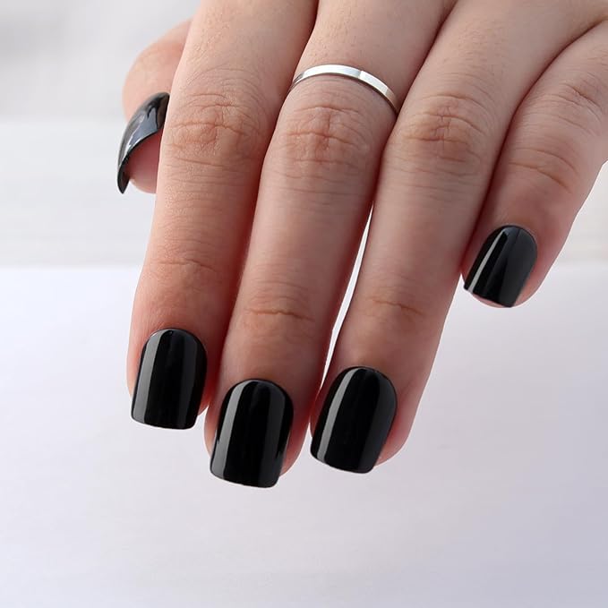 Black Press on Nails Short Square, Classic Black Fake Nails, Glossy Gel Finish Acrylic Nails, fall Thick Reusable Glue on Nails Kit for Women, 24Pcs