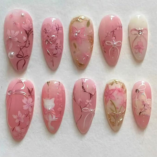 30Pcs Pink Flower Press on Nails Medium Almond Fake Nails Gilding Peach Blossom with Gems Design 3D Pearl Bow False Nails Cute Cat Stick on Nails Handmade Full Cover Artificial Glue on Nails for Women