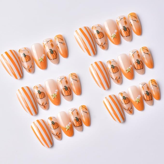 30 Pcs Fall Press on Nails Almond French Tip Fake Nails with Orange Glossy Design Maple Leaves Pumpkin False Nails Autumn Thanksgiving Day Stick on Nail Reusable Holiday Nail for Women DIY Manicure